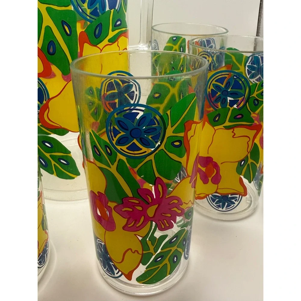 Vtg Tropical Floral Acrylic Pitcher and 6 Tumbler Set Multicolor Summer Retro